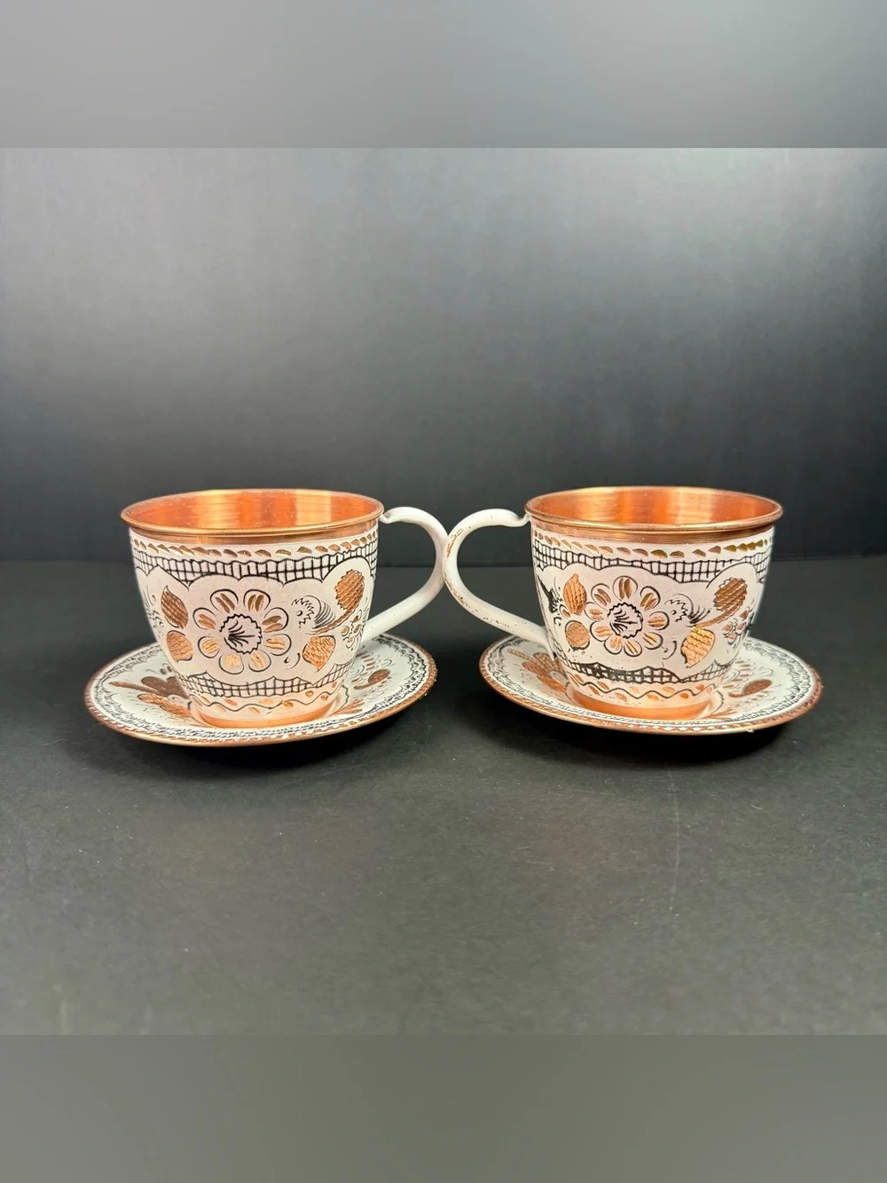 Vintage Handcrafted Copper Mugs Pure Copper Colorful Floral Engravings Turkish